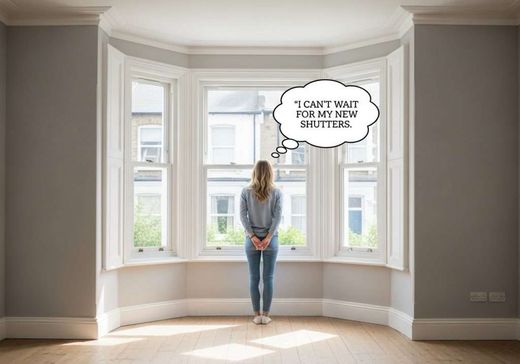 A homeowner standing at a bay window, anticipating their new Greystone shutters