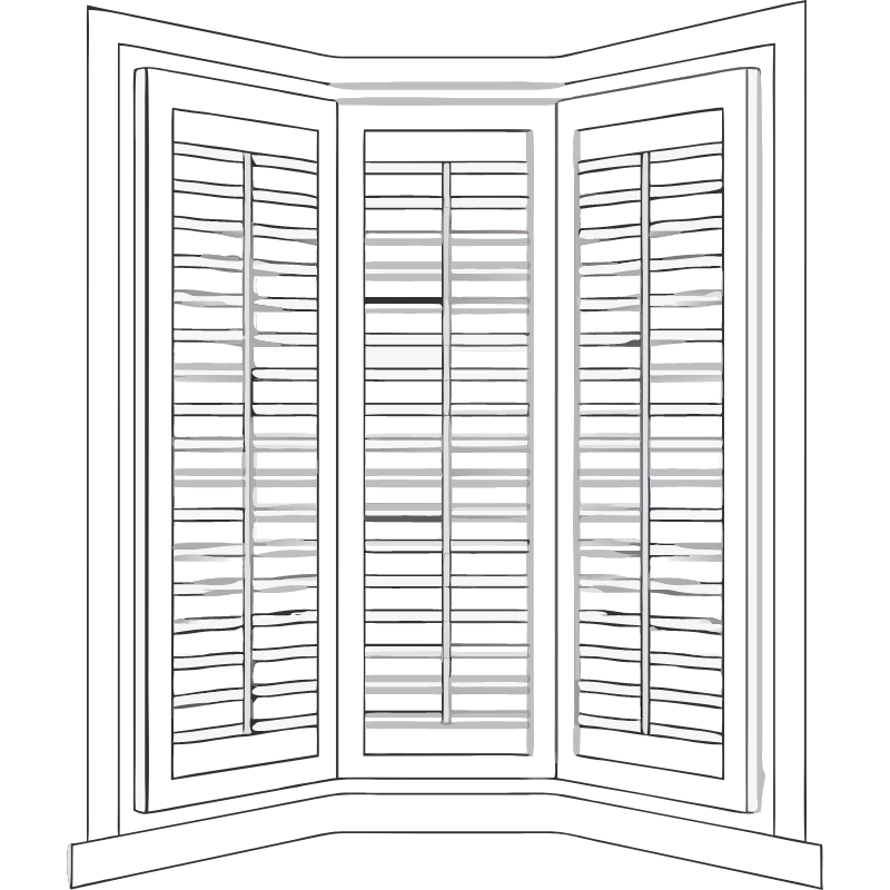 Line diagram of shutters fitted across a bay window