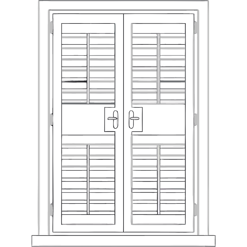 Line diagram of shutters fitted to French doors with handle cut-outs