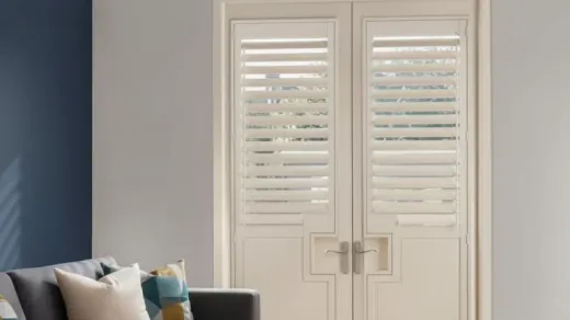 Patio French doors with white plantation shutters