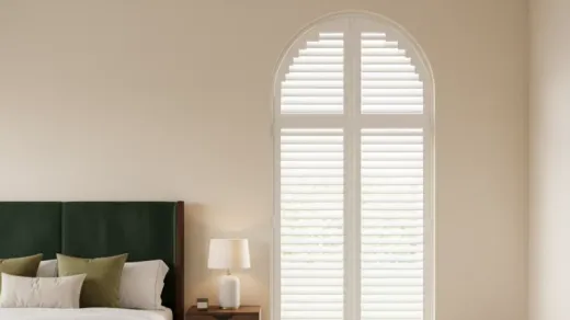 Room with made-to-measure shutters on a shaped feature window