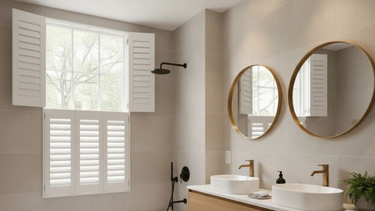 Bathroom with white tier-on-tier shutters, top panels open and bottom louvres closed