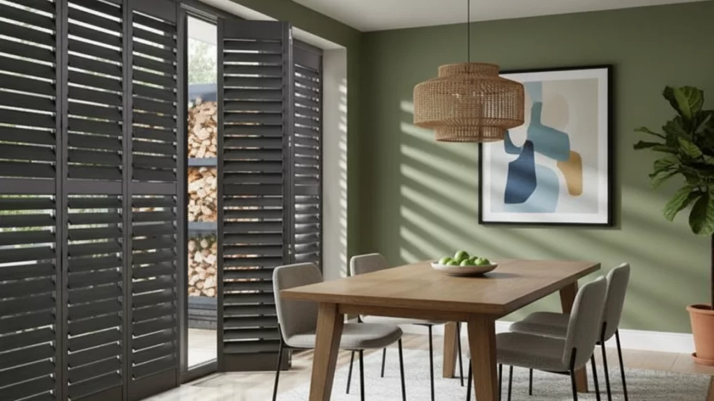 Tracked plantation shutters across a wide glass door, louvres open to the garden