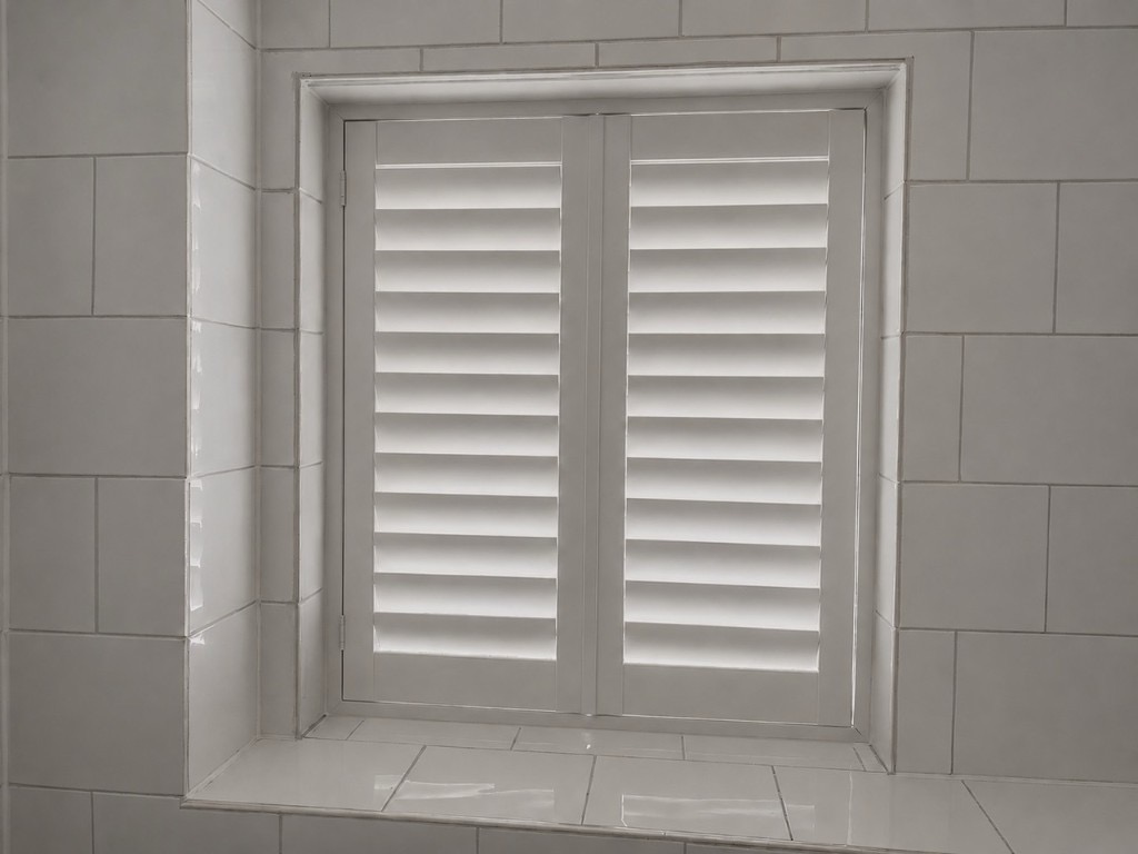 Wednesbury bathroom with two-panel full height composite shutters in Silk White fitted inside a white tiled reveal