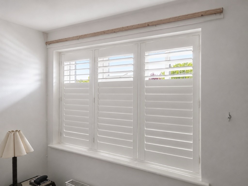 Wednesbury bedroom with three-panel full height composite shutters in Silk White, split tilt with lower louvres closed and upper louvres open