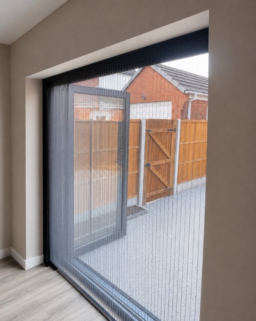 Smaller bifold door in West Bromwich with grey bug-screen mesh pulled partway across, viewed from inside the room