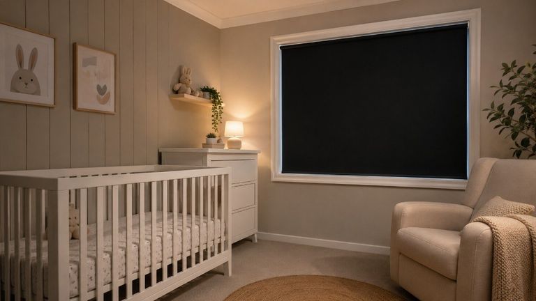 BlindScreen nursery blackout blind in a Halesowen nursery, with the room dimmed for baby sleep