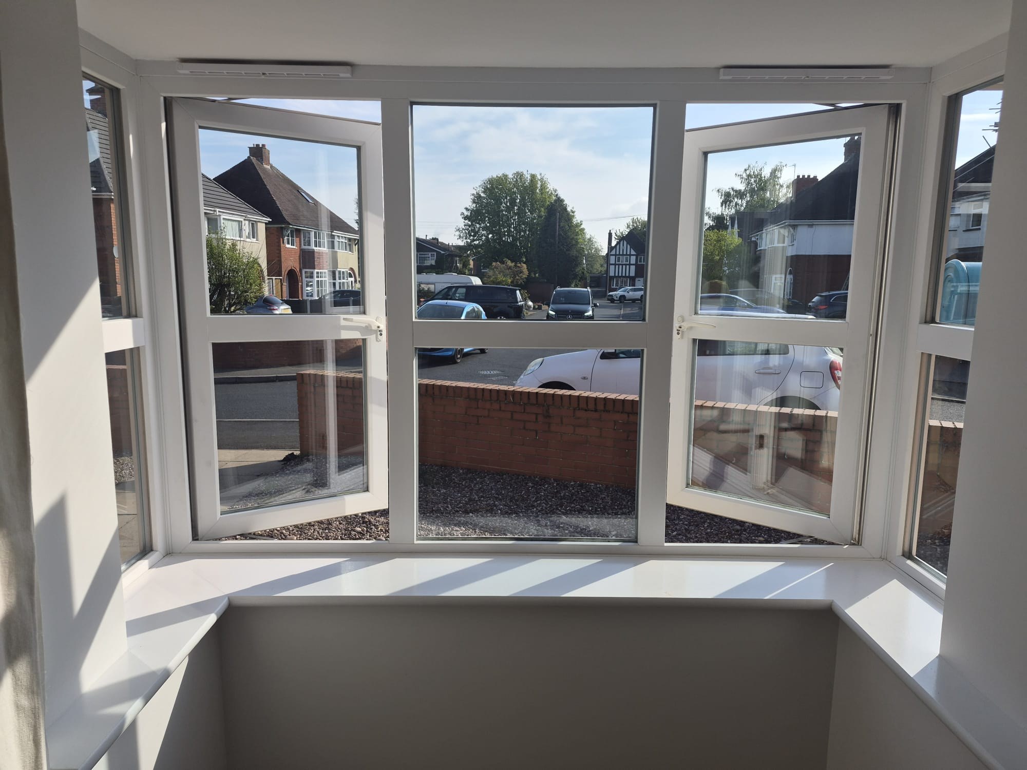 Halesowen dining room box bay window before shutters were fitted, viewed straight on