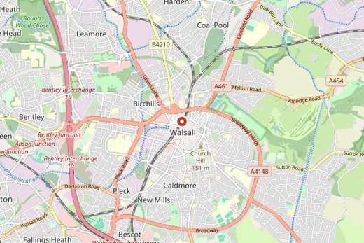 Map of Walsall and surrounding area