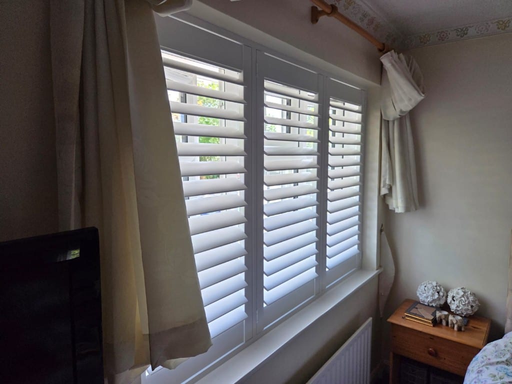 Full Height Pure White Engineered Wood Shutters with 76mm Louvres - Bedroom Window