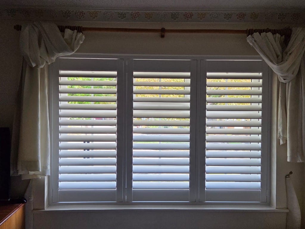 Full Height Pure White Engineered Wood Shutters with 76mm Louvres - Bedroom Window