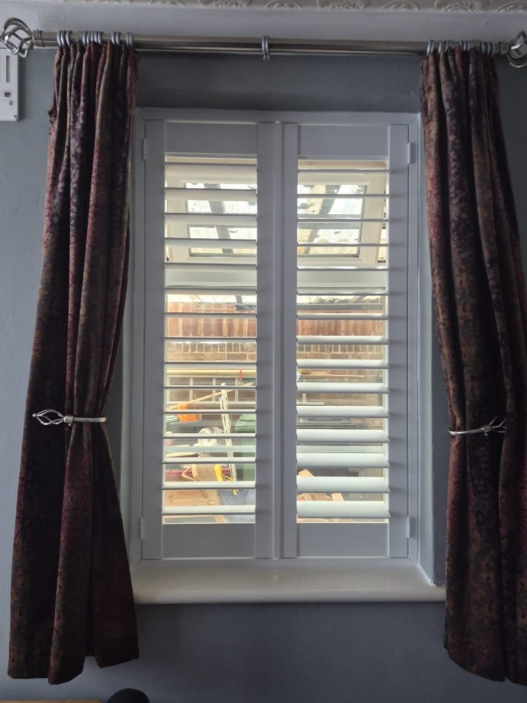 Full Height Pure White Engineered Wood Shutters with 76mm Louvres - Dining Room Window