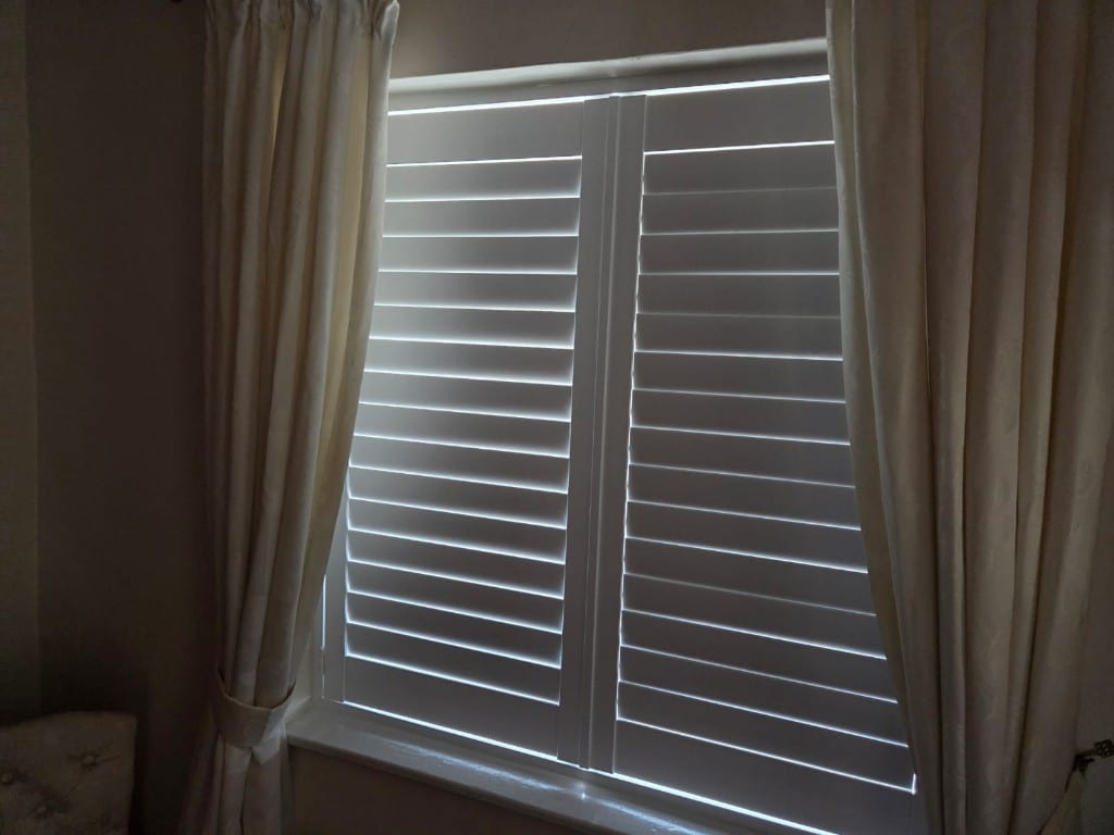 Full Height Pure White Engineered Wood Shutters with 76mm Louvres - Dressing Room