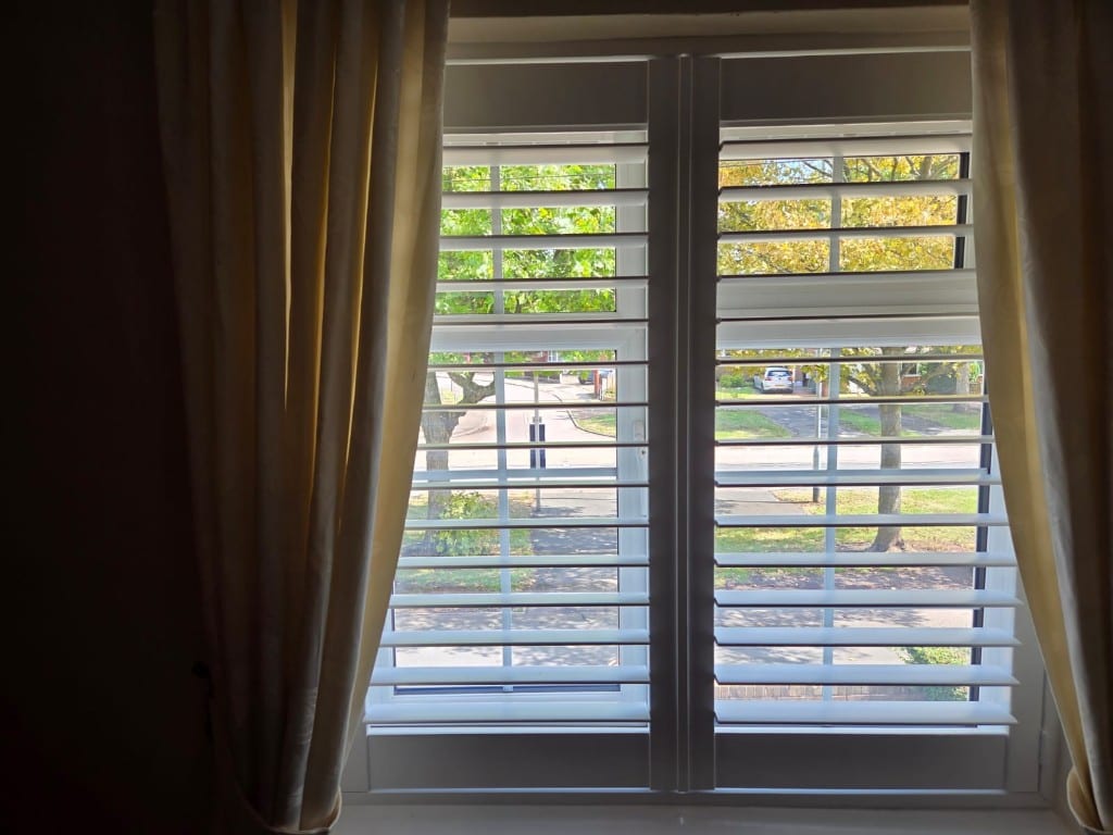 Full Height Pure White Engineered Wood Shutters with 76mm Louvres - Dressing Room