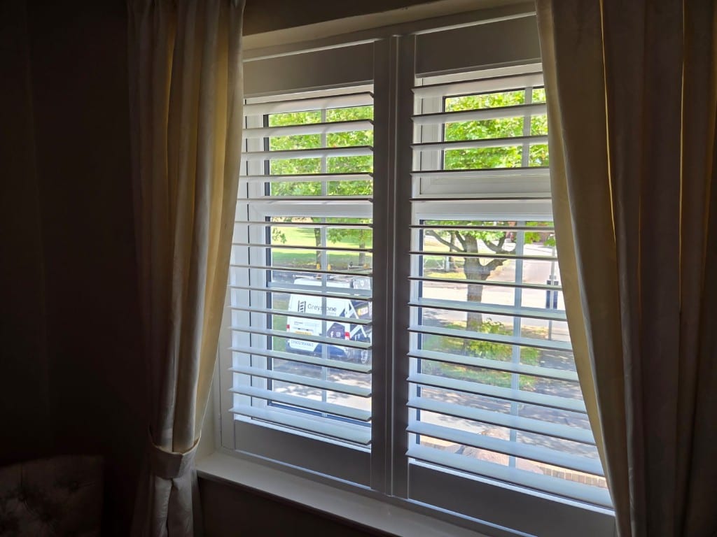 Full Height Pure White Engineered Wood Shutters with 76mm Louvres - Dressing Room