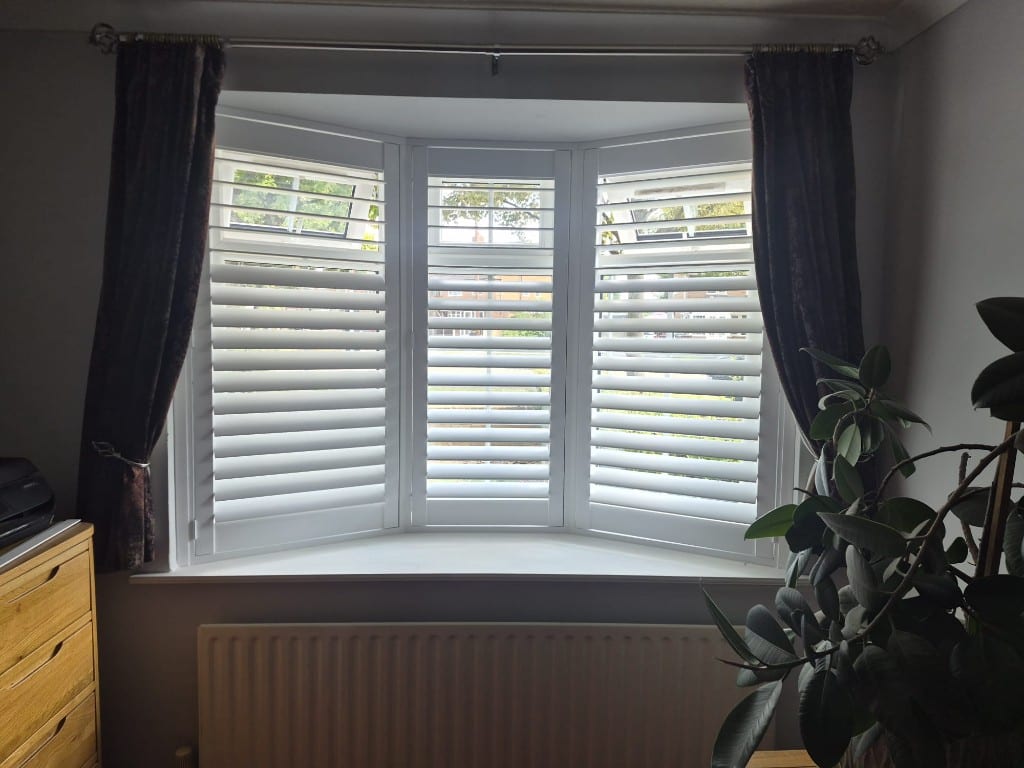 Full Height Pure White Engineered Wood Shutters with 76mm Louvres - Inside Bay Window
