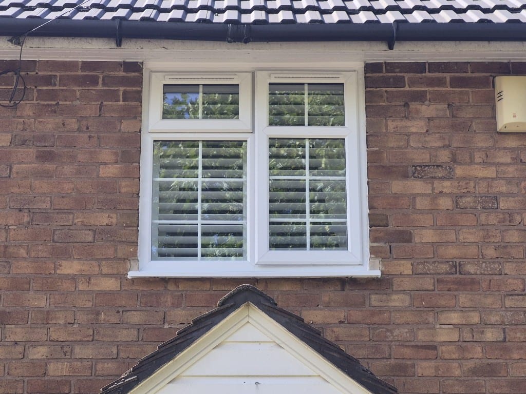 Full Height Pure White Shutters with 76mm Louvres - Outside Photo Window
