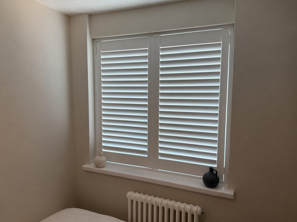 Two-panel Pure White full height shutter on the smaller Halesowen bedroom window with the louvres closed
