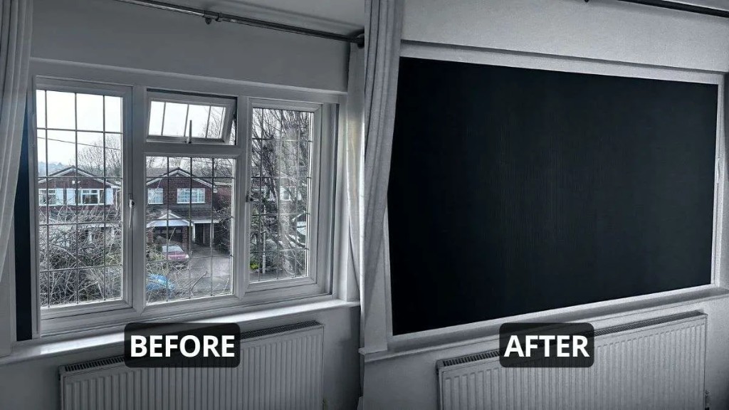 Before and after: BlindScreen blackout on a leaded bedroom window, Halesowen