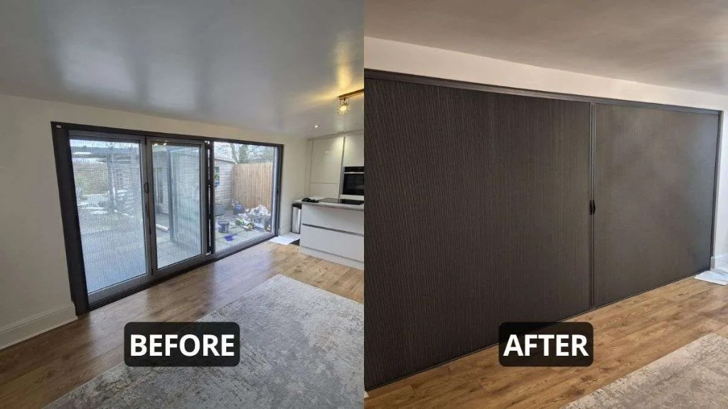 Before and after: BlindScreen fitted to bifold doors in a kitchen, living space, Essington