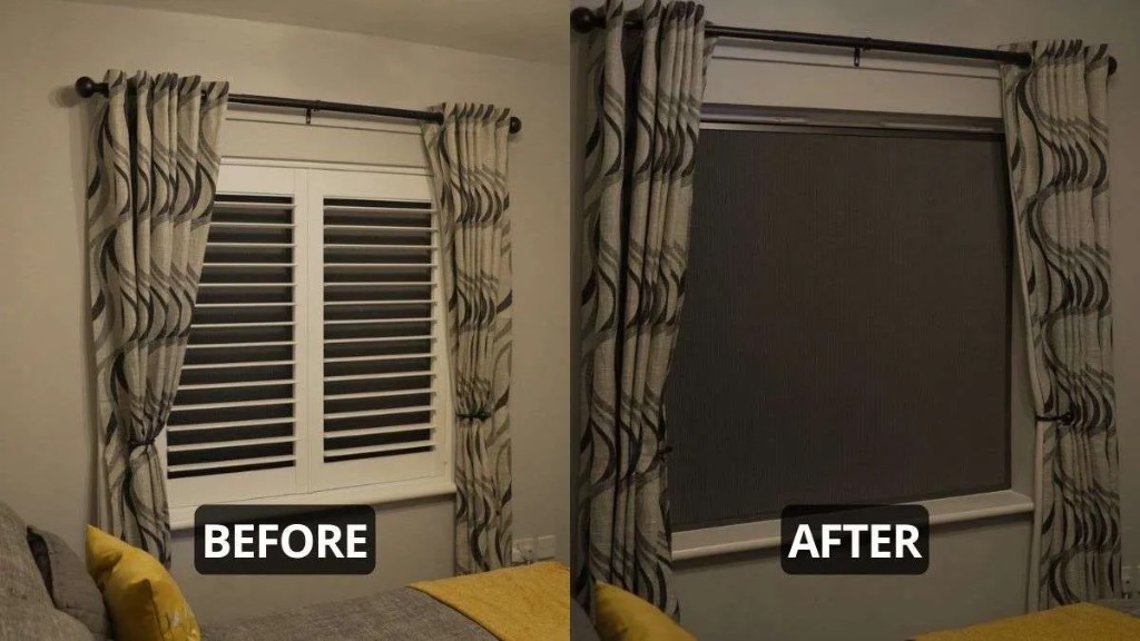 Before and after: BlindScreen blackout over plantation shutters in a bedroom, Tipton