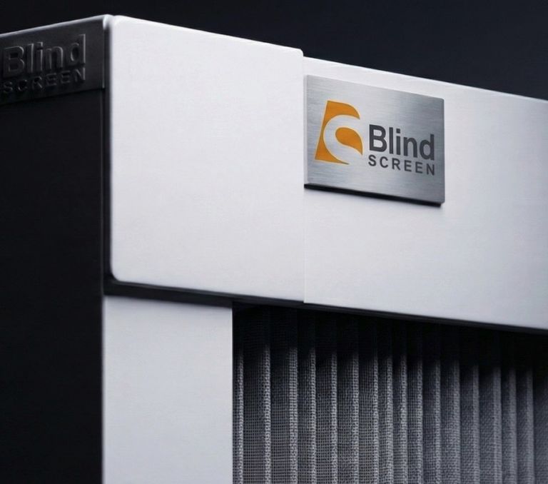Close-up detail of a BlindScreen unit showing the branded head rail and integrated mesh