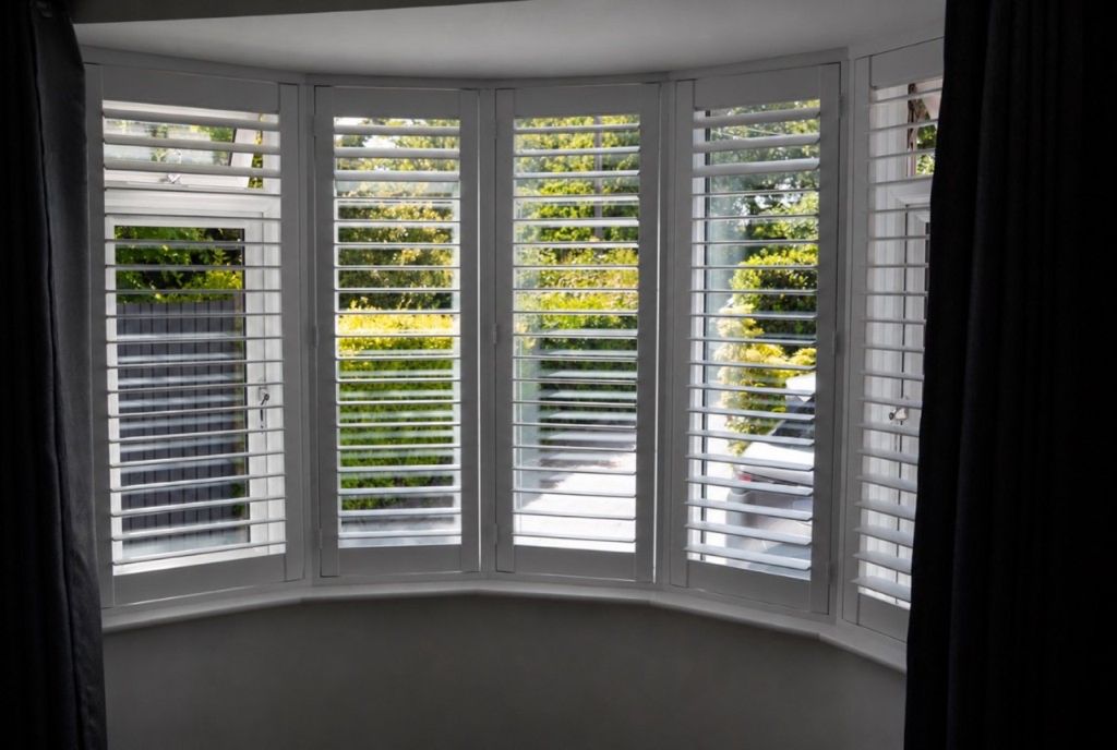 Full-height plantation shutters across a bow bay window in an Essington bedroom, louvres set to split tilt, top sections closed for upper privacy while the bottom sections stay angled open for daylight