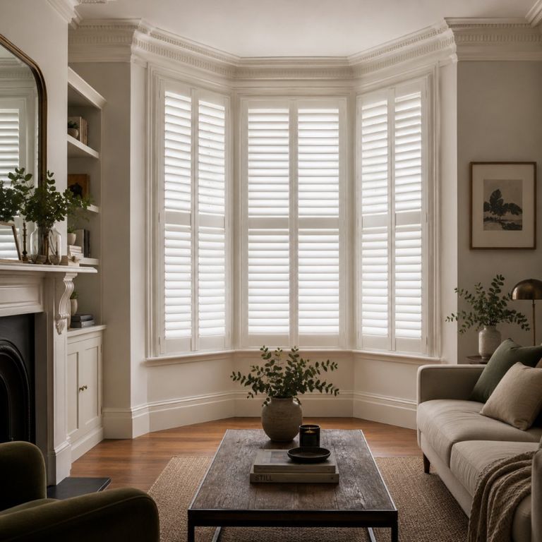 Full-height plantation shutters across the three faces of a canted bay in a period Birmingham lounge, louvres tilted to filter soft daylight