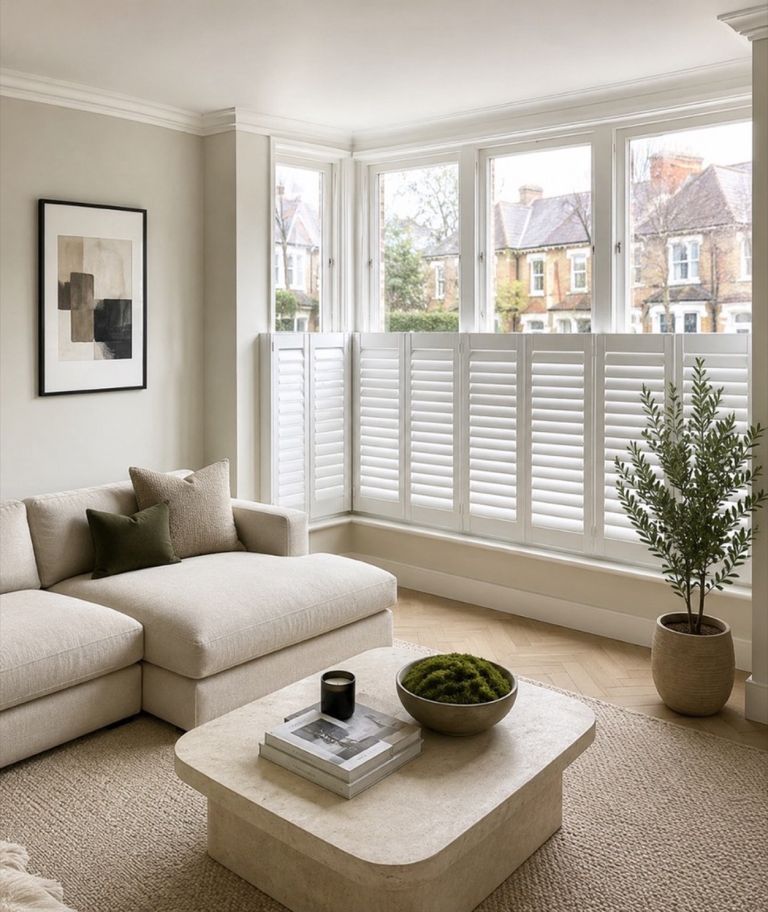 Cafe style shutters covering the lower half of a street-facing bay window in a contemporary living room, the upper sections clear with a row of Victorian terraces visible across the street
