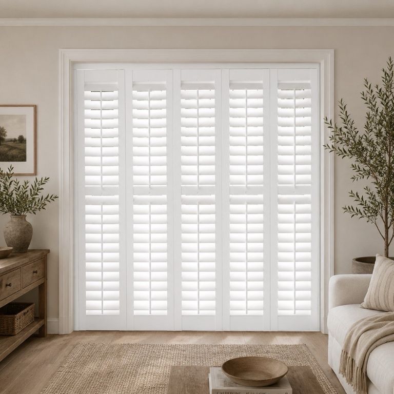 White plantation shutters fitted across French doors in a neutral living room, louvres tilted to let daylight pour through