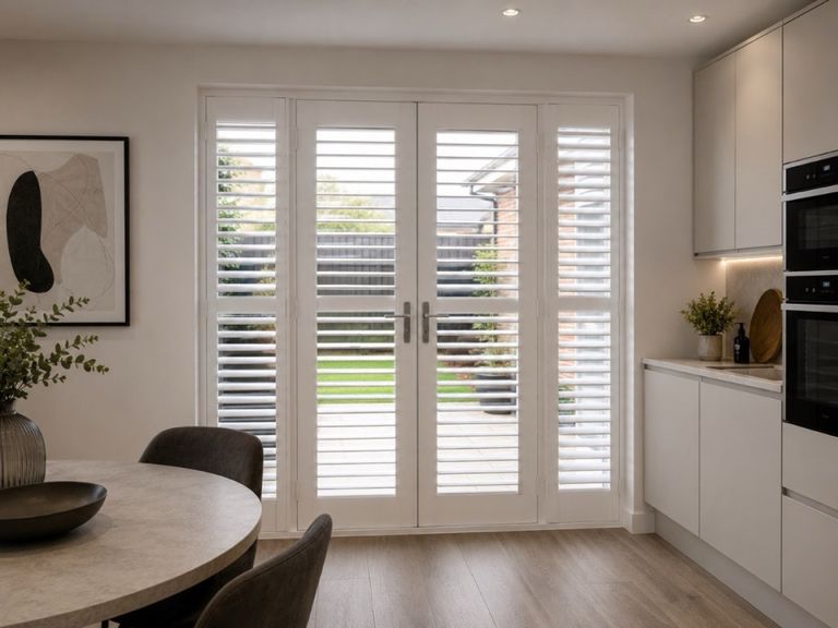French door shutters fitted to the doors of a kitchen-diner, louvres tilted to filter daylight through to the garden beyond