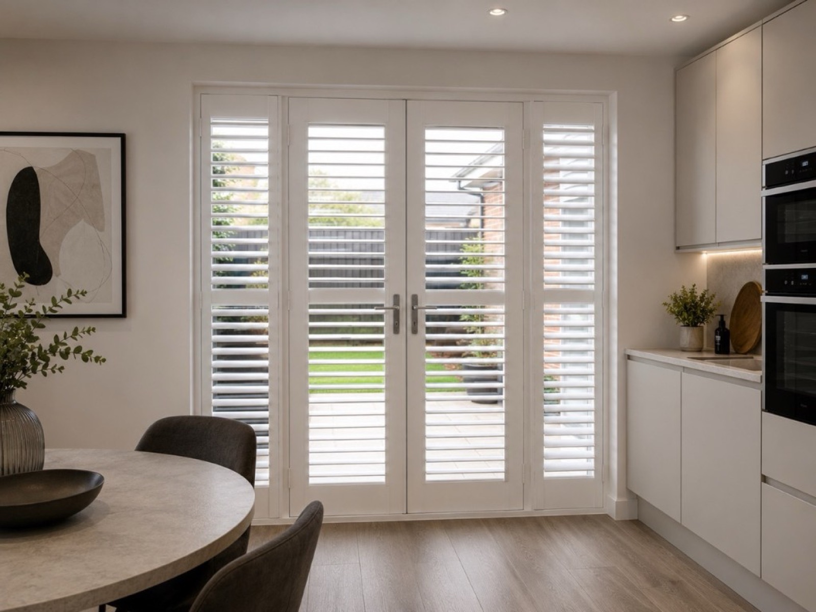 French door shutters fitted to the doors of a kitchen-diner, louvres tilted to filter daylight through to the garden beyond