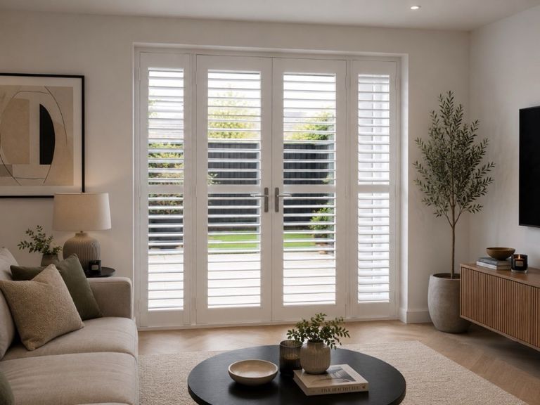 White plantation shutters fitted across French doors in a bright West Midlands living room, panels tracked aside to keep the doorway clear