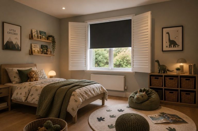 Shutter & Shade in a child's bedroom, shutter panels folded back against the reveal with the integrated blackout blind fully drawn behind for nap-time darkness