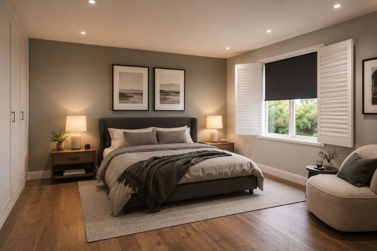 Master bedroom fitted with plantation shutters and an integrated blackout shade behind, softening the morning light