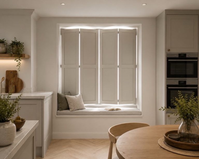 Classic solid panel shutters fitted to a West Midlands kitchen window, fully closed for total privacy and a clean traditional finish