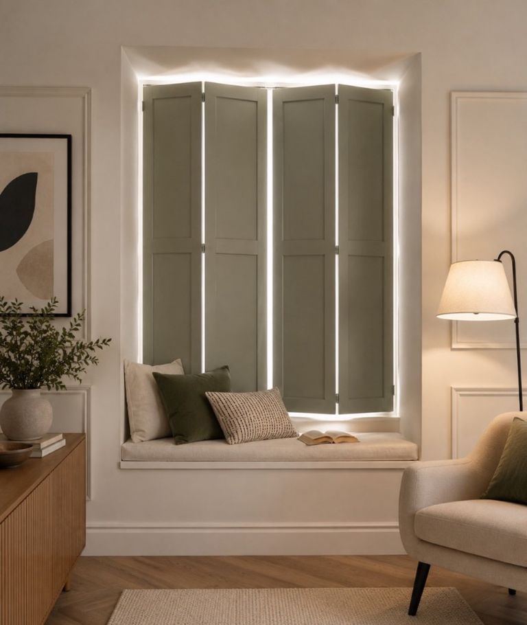 Sage-painted solid panel shutters folded across a window reveal above a built-in reading nook, the panels fully closed with daylight glowing softly around their edges
