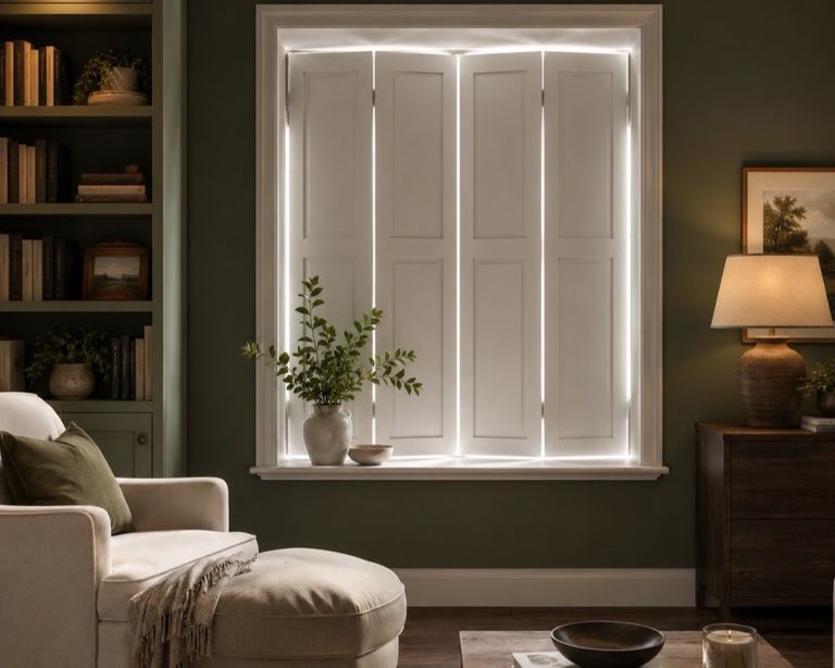 Solid panel shutters folded closed across a window in a dark-green West Midlands study, daylight glowing around the panel edges to show the near-blackout effect