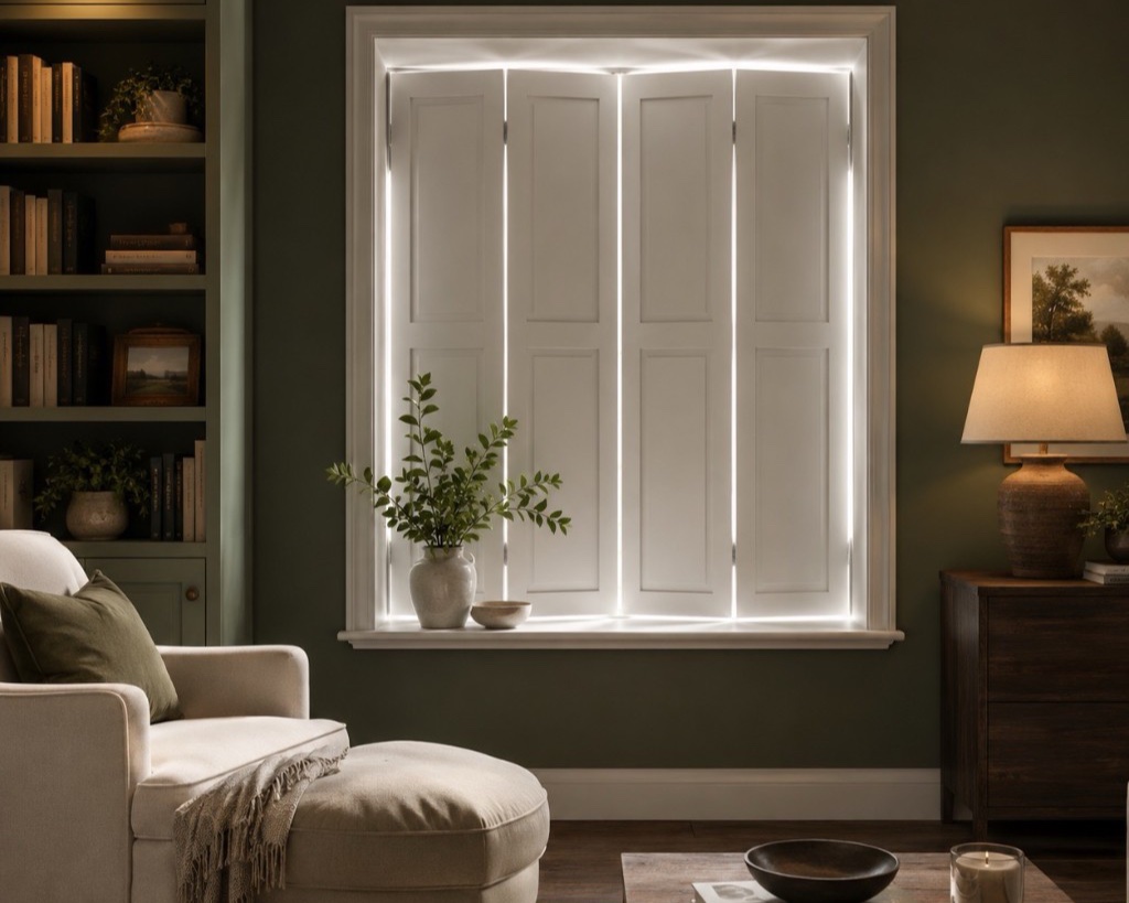 Solid panel shutters folded closed across a window in a dark-green West Midlands study, daylight glowing around the panel edges to show the near-blackout effect
