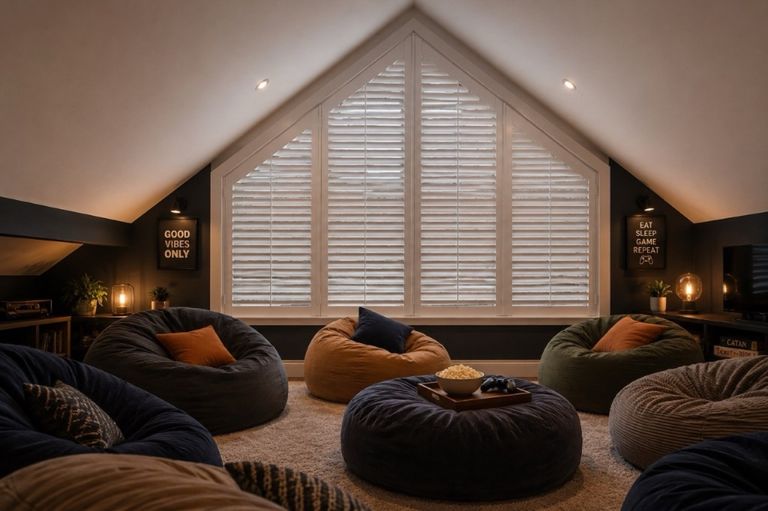 Made-to-measure shutters fitted to a triangular gable-end window, framing the angled glazing perfectly