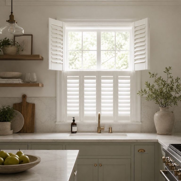 Tier-on-tier plantation shutters above a kitchen sink, top panels folded open for the garden view, bottom louvres closed for worktop-level privacy