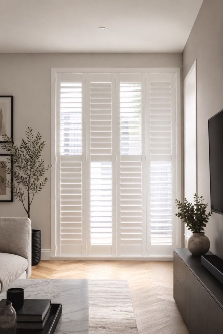 White plantation tracked shutters across a tall living room window, louvres tilted to filter daylight in a contemporary lounge with herringbone flooring
