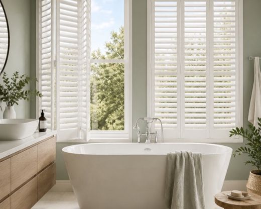 Full-height waterproof plantation shutters in a sage green family bathroom, panels folded open beside a freestanding tub with treetops visible through the window