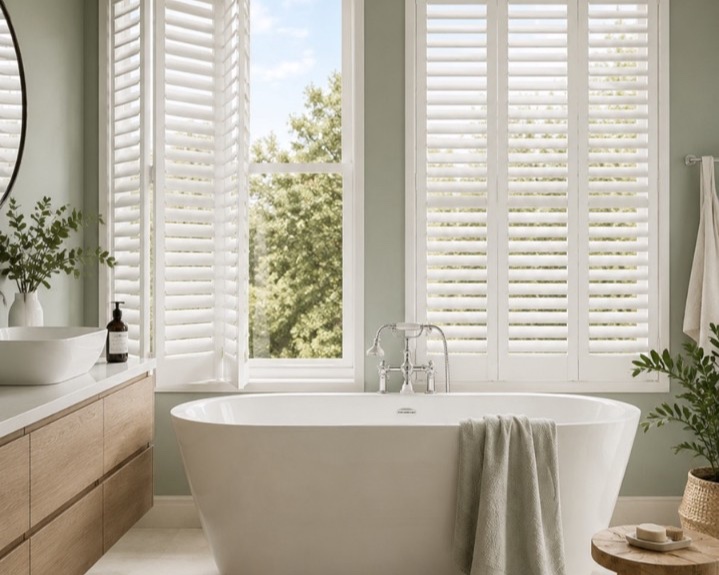 Full-height waterproof plantation shutters in a sage green family bathroom, panels folded open beside a freestanding tub with treetops visible through the window