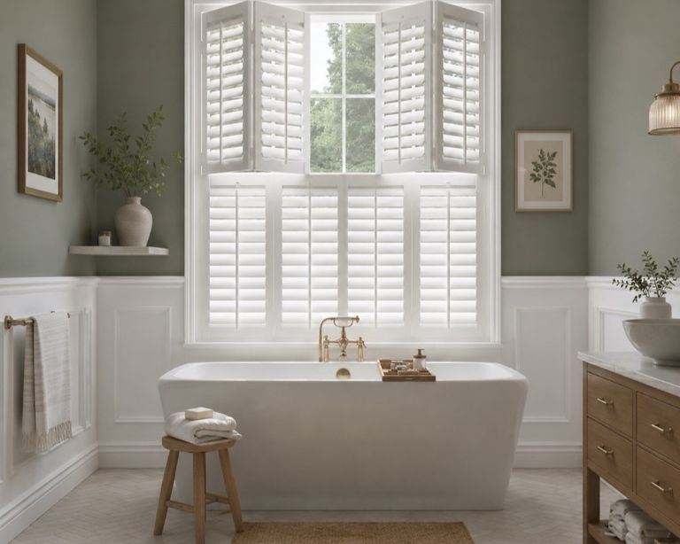 Tall waterproof plantation shutters above a freestanding bath in a sage-green bathroom, top café-style panels folded open to bring in daylight while the lower panels stay closed for privacy