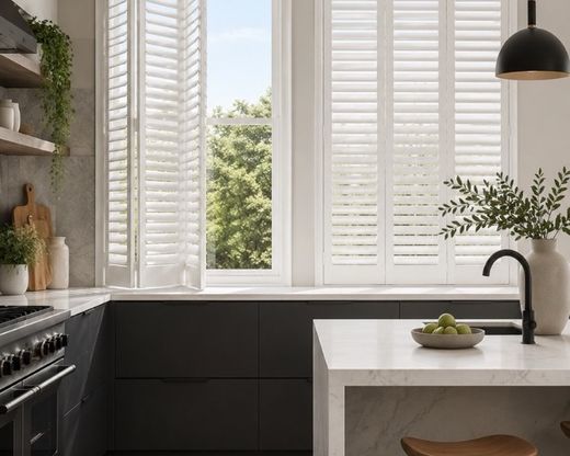 Full-height waterproof plantation shutters in a modern West Midlands kitchen with dark cabinetry and a marble island, panels folded open above the worktop
