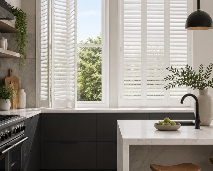 Full-height waterproof plantation shutters in a modern West Midlands kitchen with dark cabinetry and a marble island, panels folded open above the worktop